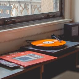 A vinyl record player.