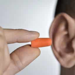 Man holds earplug to ear